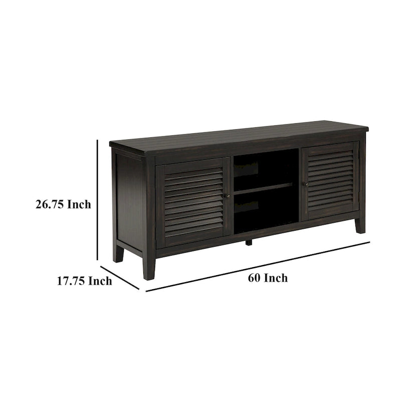 Meuble TV, 2 portes et étagères, bois noir 60 pouces
