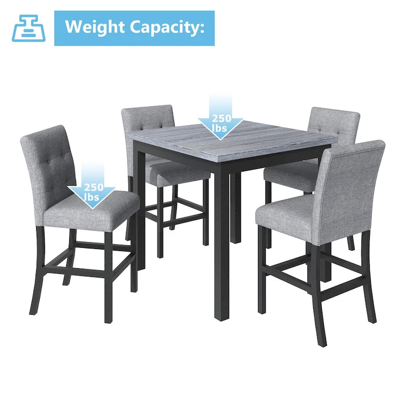 Table de salle à manger hauteur comptoir 5 pièces avec table rectangulaire et 4 chaises rembourrées à dossier haut