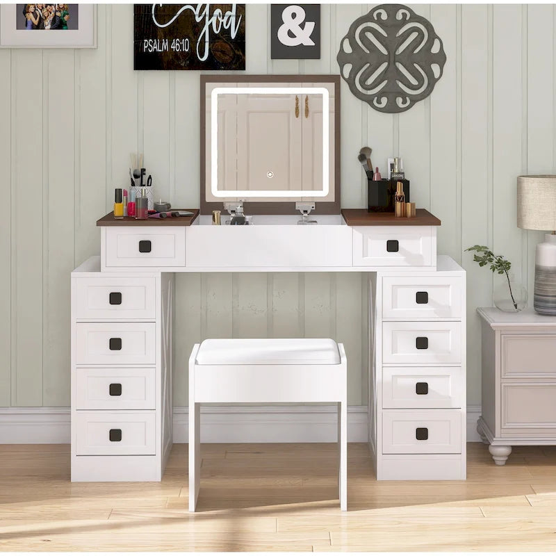 Coiffeuse avec lumière LED à intensité variable, table de maquillage avec miroir escamotable, tabouret et tiroirs inclus