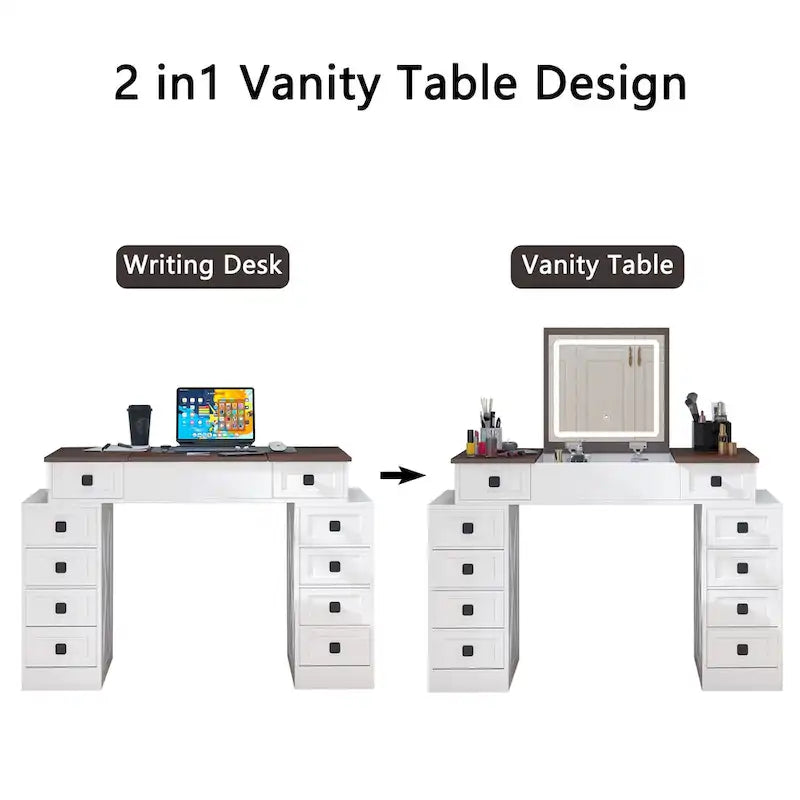 Coiffeuse avec lumière LED à intensité variable, table de maquillage avec miroir escamotable, tabouret et tiroirs inclus