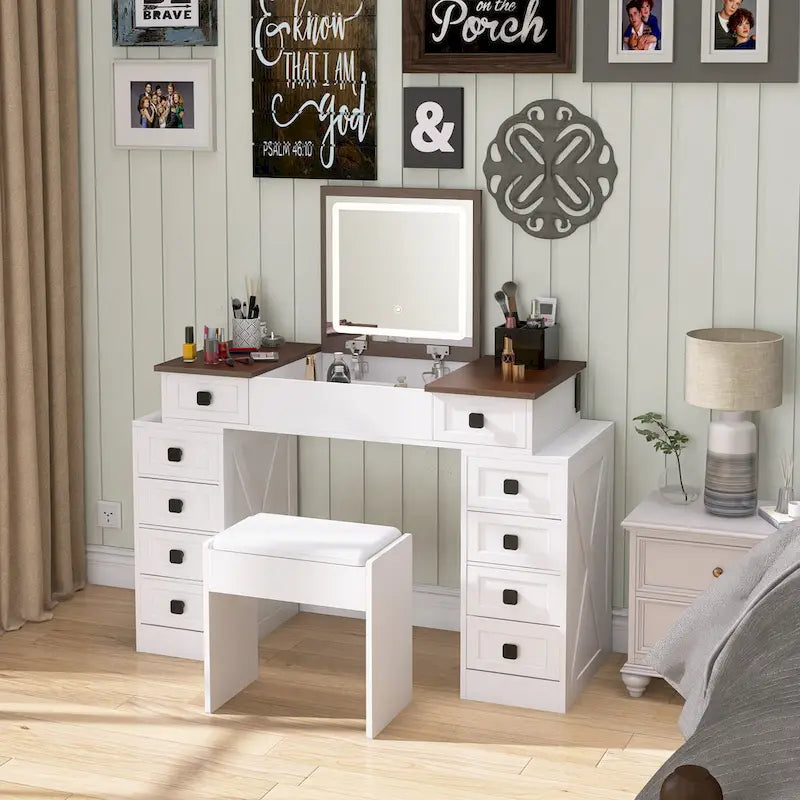 Coiffeuse avec lumière LED à intensité variable, table de maquillage avec miroir escamotable, tabouret et tiroirs inclus
