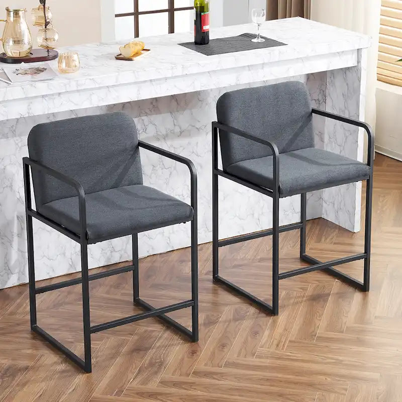 Tabouret de bar moderne rembourré à hauteur de comptoir avec accoudoirs, piètement en métal et assise matelassée (2 tabourets)