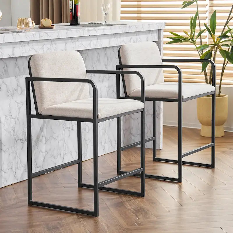 Tabouret de bar moderne rembourré à hauteur de comptoir avec accoudoirs, piètement en métal et assise matelassée (2 tabourets)