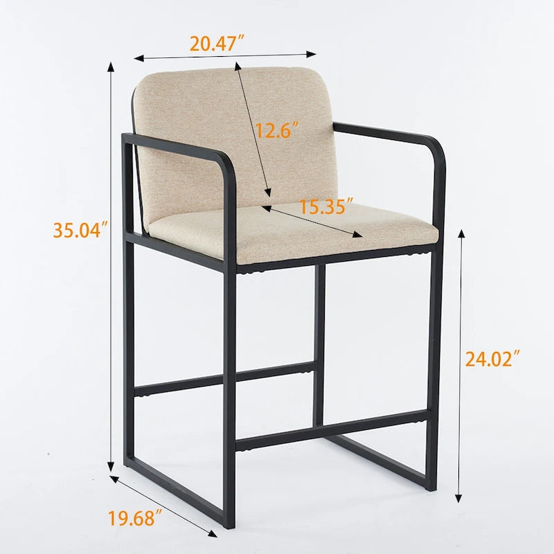 Tabouret de bar moderne rembourré à hauteur de comptoir avec accoudoirs, piètement en métal et assise matelassée (2 tabourets)