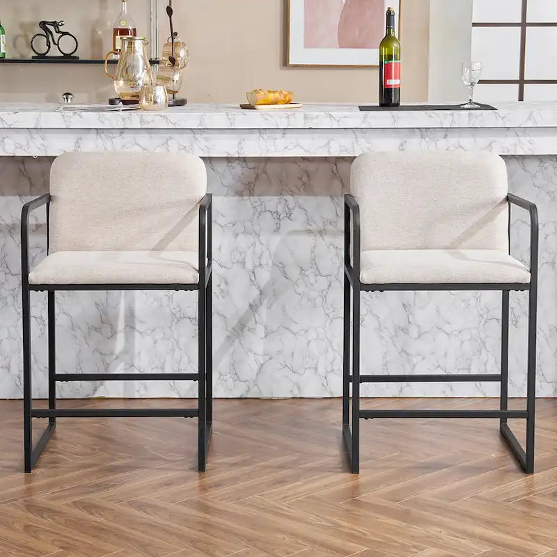 Tabouret de bar moderne rembourré à hauteur de comptoir avec accoudoirs, piètement en métal et assise matelassée (2 tabourets)