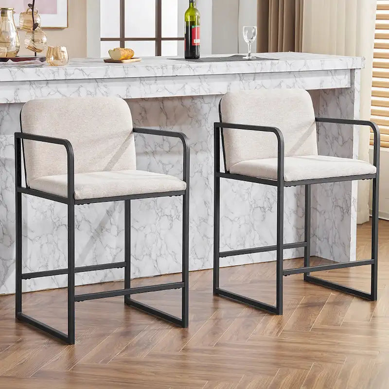 Tabouret de bar moderne rembourré à hauteur de comptoir avec accoudoirs, piètement en métal et assise matelassée (2 tabourets)