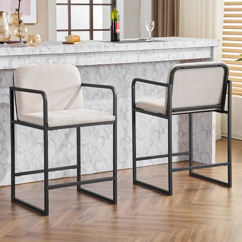 Tabouret de bar moderne rembourré à hauteur de comptoir avec accoudoirs, piètement en métal et assise matelassée (2 tabourets)