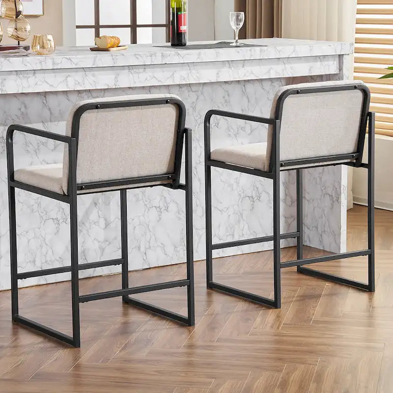 Tabouret de bar moderne rembourré à hauteur de comptoir avec accoudoirs, piètement en métal et assise matelassée (2 tabourets)