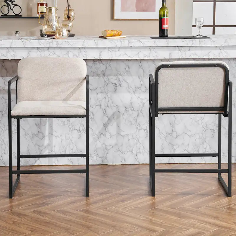 Tabouret de bar moderne rembourré à hauteur de comptoir avec accoudoirs, piètement en métal et assise matelassée (2 tabourets)