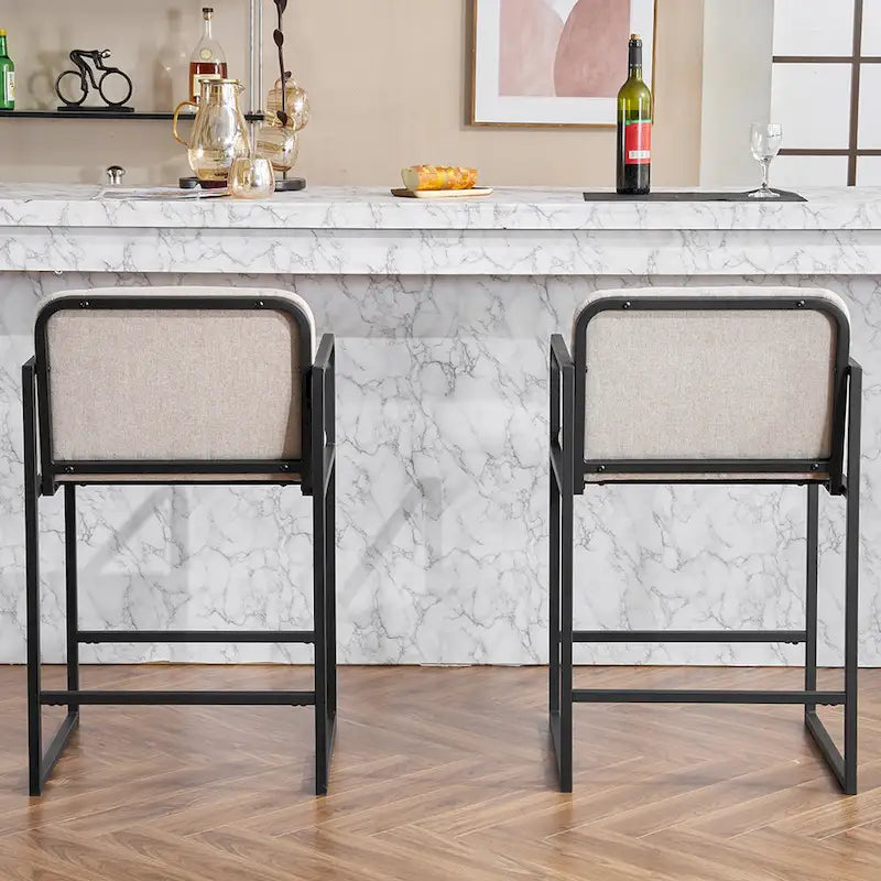 Tabouret de bar moderne rembourré à hauteur de comptoir avec accoudoirs, piètement en métal et assise matelassée (2 tabourets)