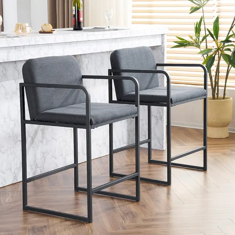 Tabouret de bar moderne rembourré à hauteur de comptoir avec accoudoirs, piètement en métal et assise matelassée (2 tabourets)
