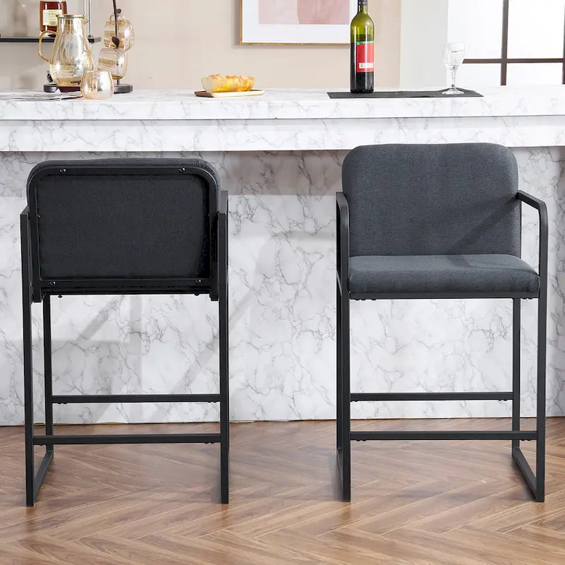 Tabouret de bar moderne rembourré à hauteur de comptoir avec accoudoirs, piètement en métal et assise matelassée (2 tabourets)