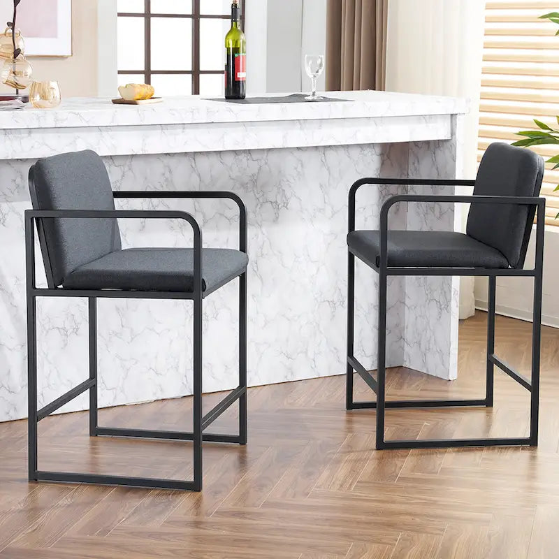 Tabouret de bar moderne rembourré à hauteur de comptoir avec accoudoirs, piètement en métal et assise matelassée (2 tabourets)