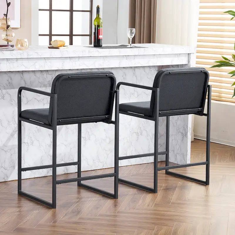 Tabouret de bar moderne rembourré à hauteur de comptoir avec accoudoirs, piètement en métal et assise matelassée (2 tabourets)
