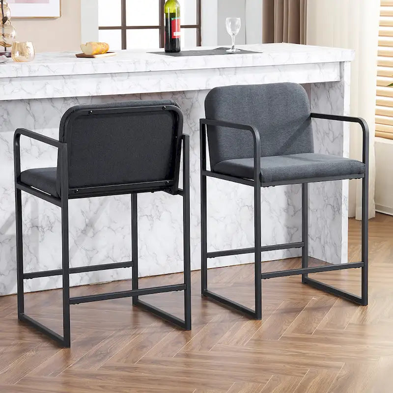 Tabouret de bar moderne rembourré à hauteur de comptoir avec accoudoirs, piètement en métal et assise matelassée (2 tabourets)