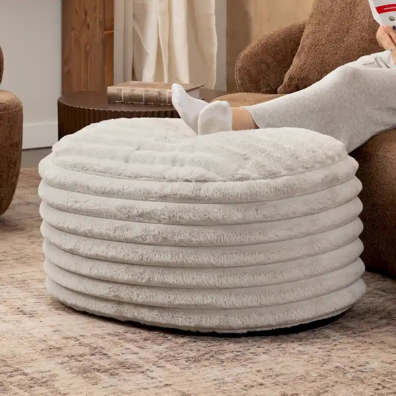 Grand pouf ottoman en fausse fourrure côtelée en peluche - 35 - Gris