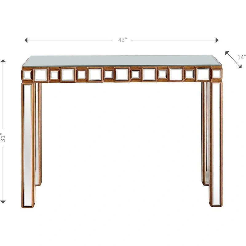 Console rectangulaire dorée à miroir avec base en verre à quatre pieds - 43 L x 14 l x 31 H