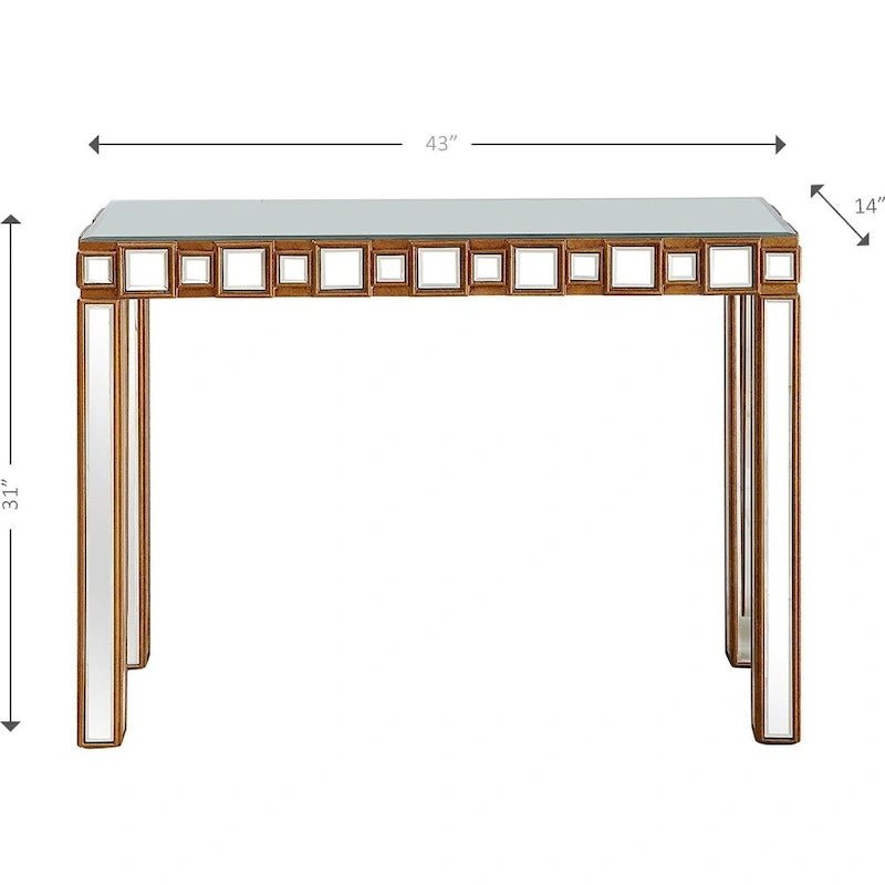 Console rectangulaire dorée à miroir avec base en verre à quatre pieds - 43 L x 14 l x 31 H
