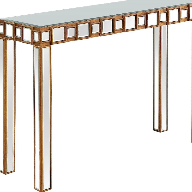 Console rectangulaire dorée à miroir avec base en verre à quatre pieds - 43 L x 14 l x 31 H