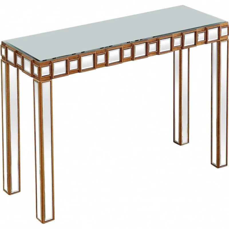 Console rectangulaire dorée à miroir avec base en verre à quatre pieds - 43 L x 14 l x 31 H
