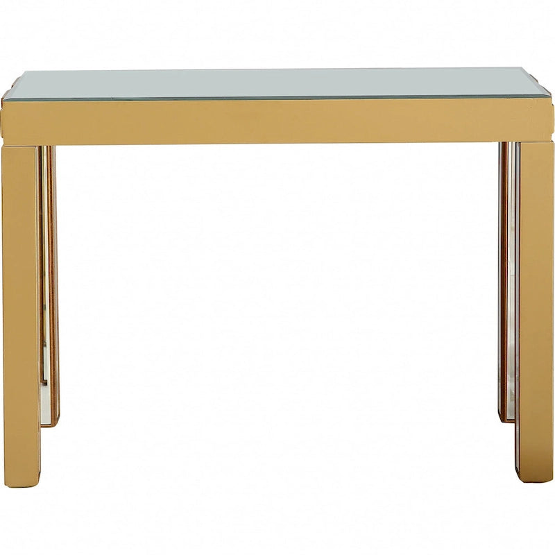 Console rectangulaire dorée à miroir avec base en verre à quatre pieds - 43 L x 14 l x 31 H