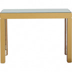 Console rectangulaire dorée à miroir avec base en verre à quatre pieds - 43 L x 14 l x 31 H