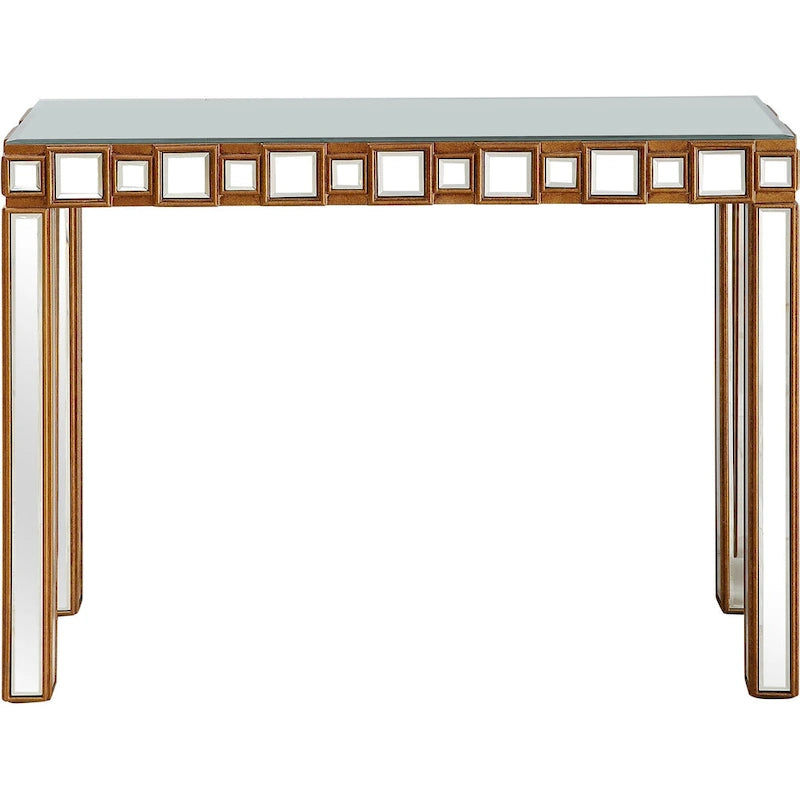 Console rectangulaire dorée à miroir avec base en verre à quatre pieds - 43 L x 14 l x 31 H