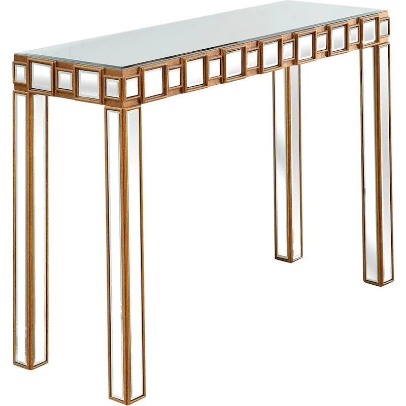 Console rectangulaire dorée à miroir avec base en verre à quatre pieds - 43 L x 14 l x 31 H