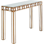 Console rectangulaire dorée à miroir avec base en verre à quatre pieds - 43 L x 14 l x 31 H