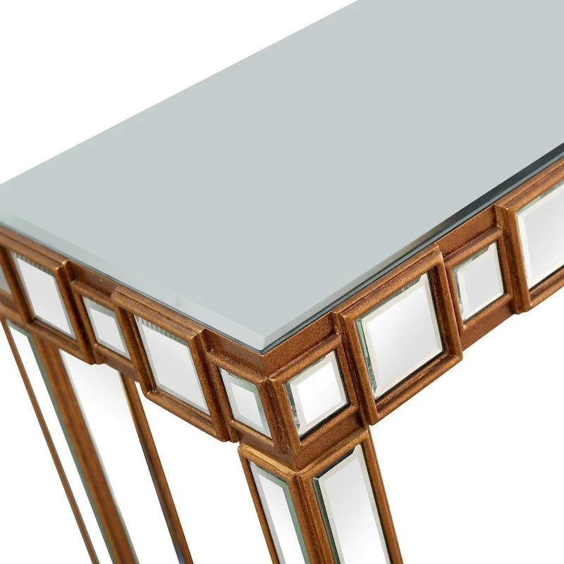 Console rectangulaire dorée à miroir avec base en verre à quatre pieds - 43 L x 14 l x 31 H