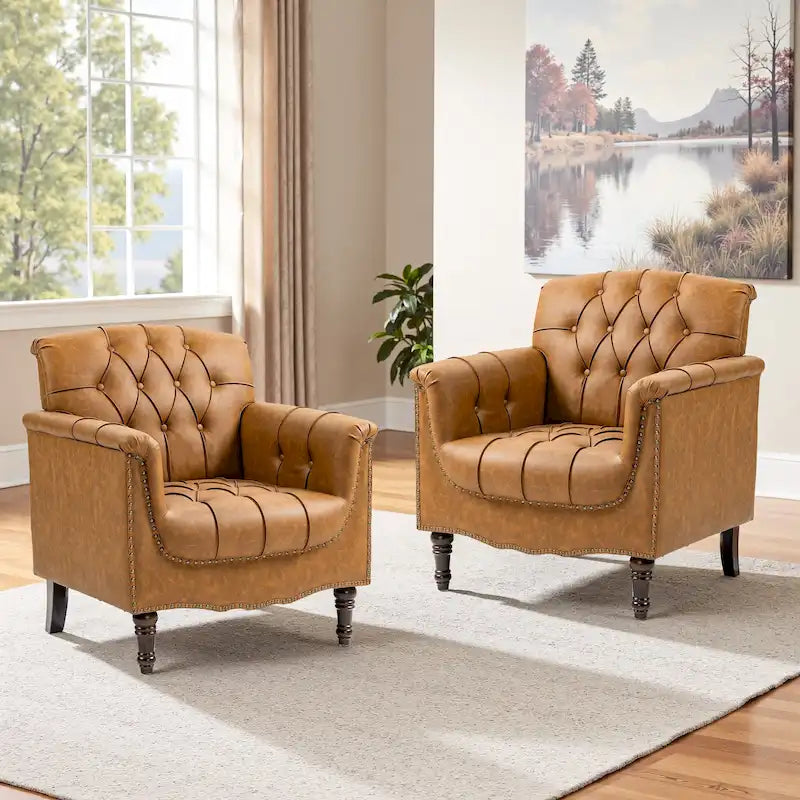 Fauteuils d'appoint en cuir végétalien capitonnés (2 chaises), Fauteuil avec garniture cloutée