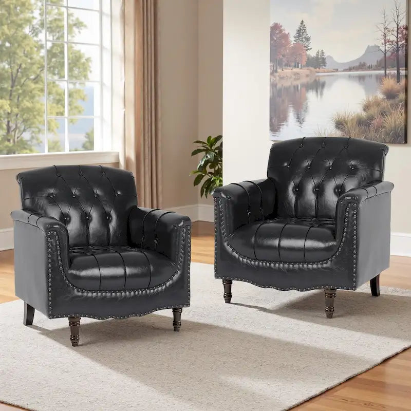 Fauteuils d'appoint en cuir végétalien capitonnés (2 chaises), Fauteuil avec garniture cloutée