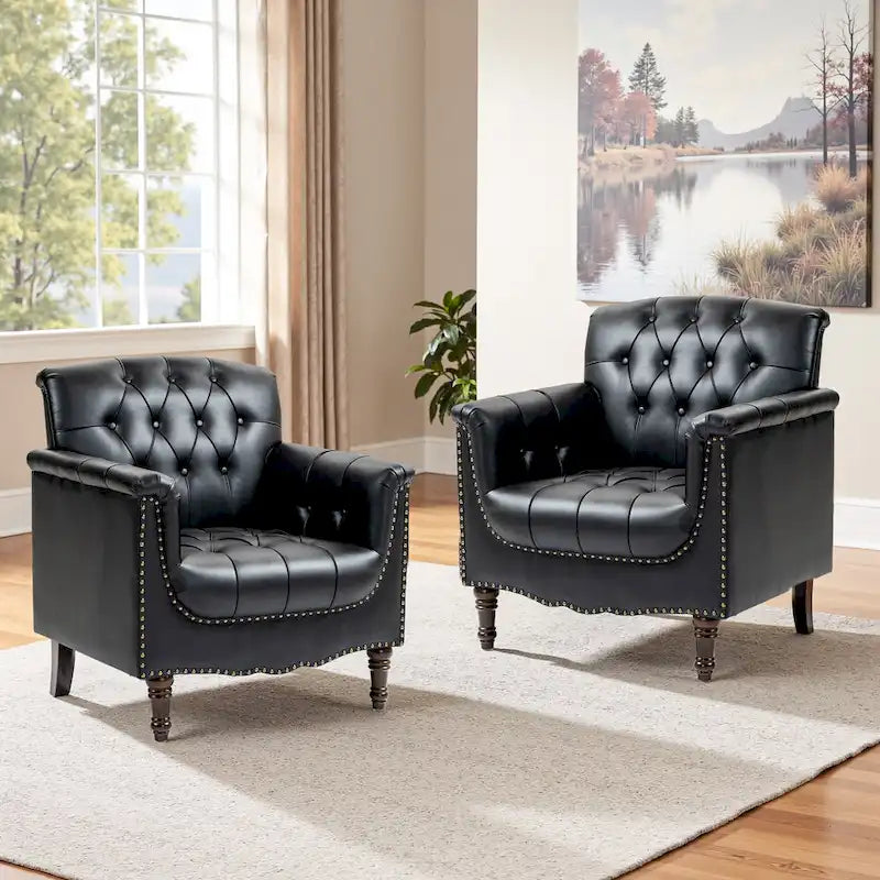 Fauteuils d'appoint en cuir végétalien capitonnés (2 chaises), Fauteuil avec garniture cloutée