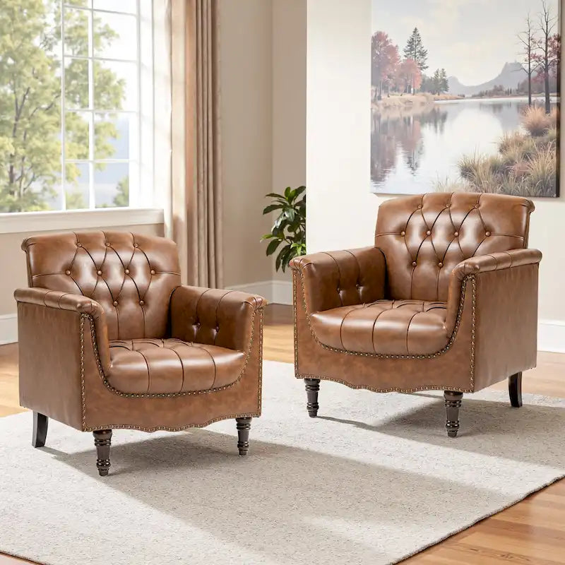 Fauteuils d'appoint en cuir végétalien capitonnés (2 chaises), Fauteuil avec garniture cloutée