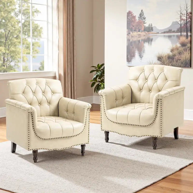 Fauteuils d'appoint en cuir végétalien capitonnés (2 chaises), Fauteuil avec garniture cloutée