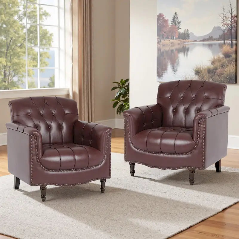 Fauteuils d'appoint en cuir végétalien capitonnés (2 chaises), Fauteuil avec garniture cloutée