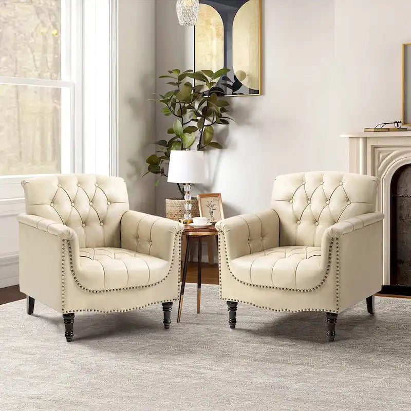 Fauteuils d'appoint en cuir végétalien capitonnés (2 chaises), Fauteuil avec garniture cloutée