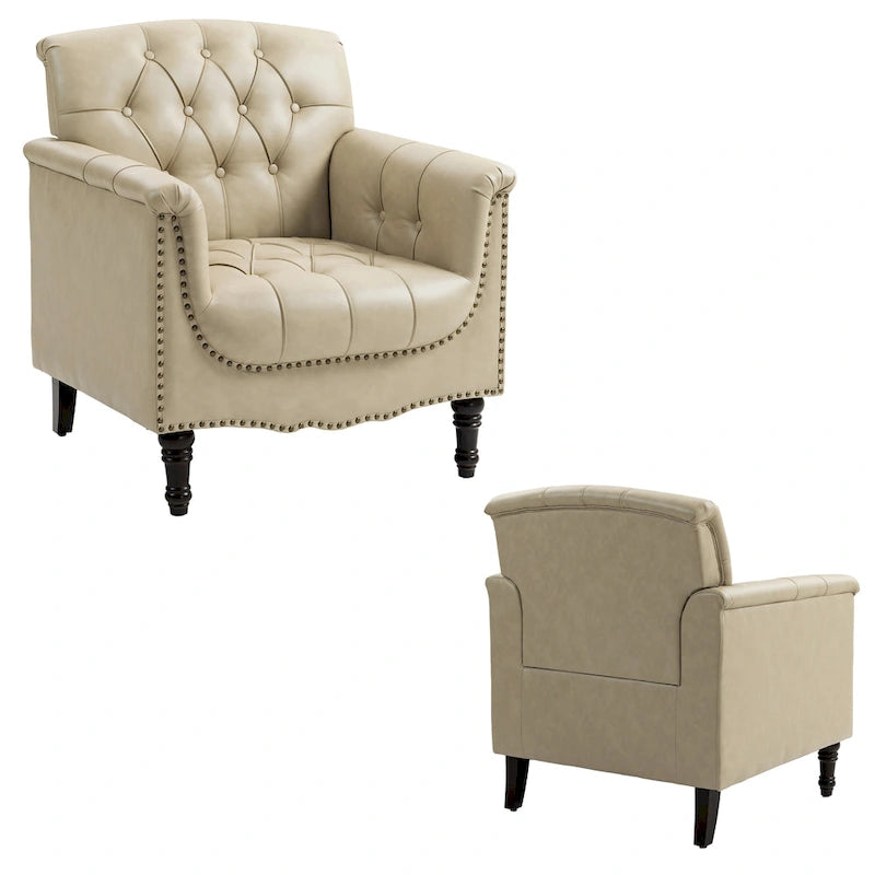 Fauteuils d'appoint en cuir végétalien capitonnés (2 chaises), Fauteuil avec garniture cloutée