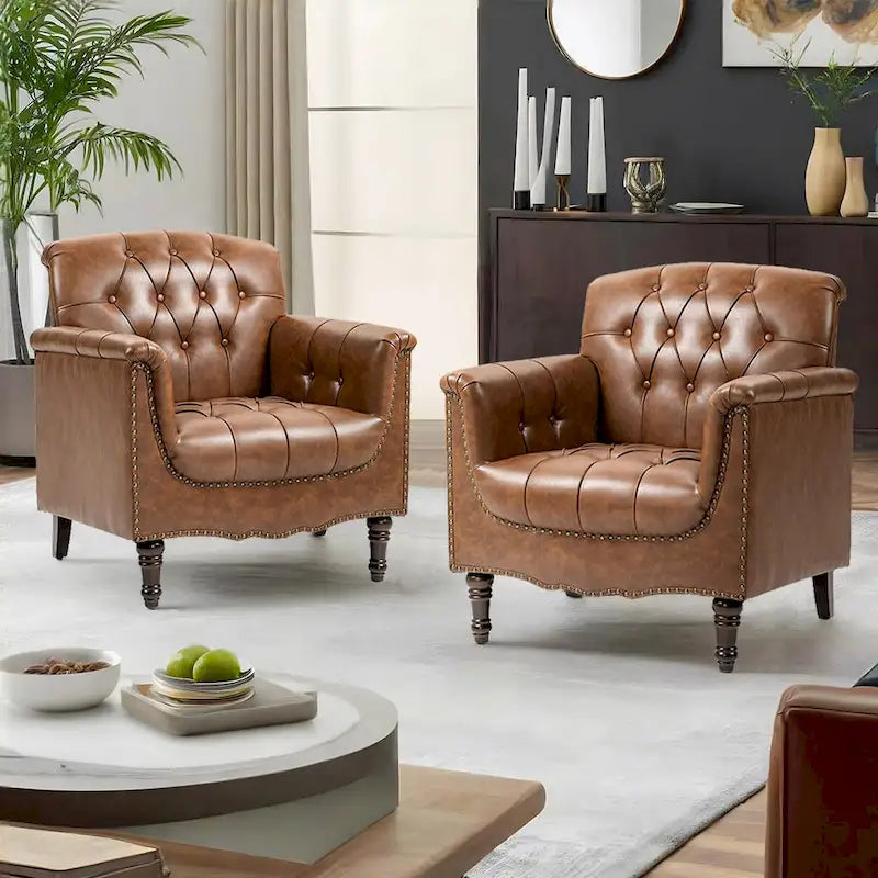 Fauteuils d'appoint en cuir végétalien capitonnés (2 chaises), Fauteuil avec garniture cloutée