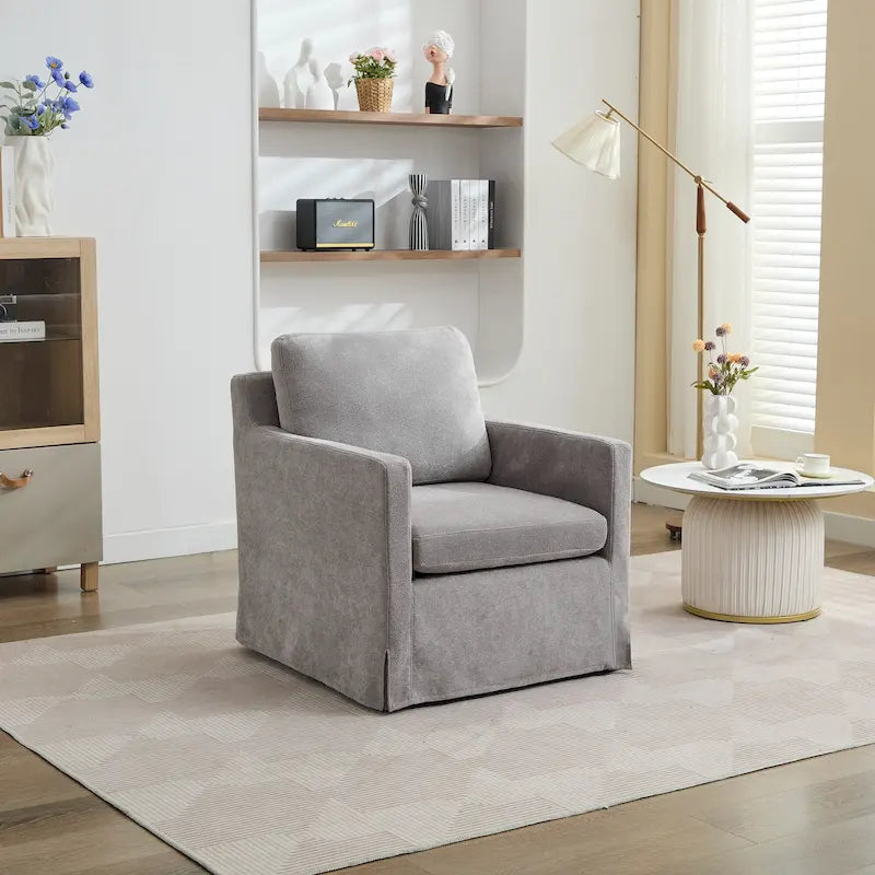 Fauteuil d'appoint pivotant à 360° en chenille moderne de 29,92 pouces avec cadre en bois massif et coussin de dossier amovible
