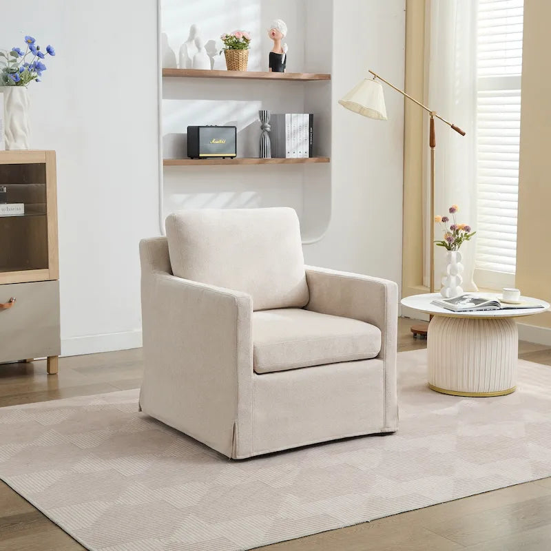 Fauteuil d'appoint pivotant à 360° en chenille moderne de 29,92 pouces avec cadre en bois massif et coussin de dossier amovible