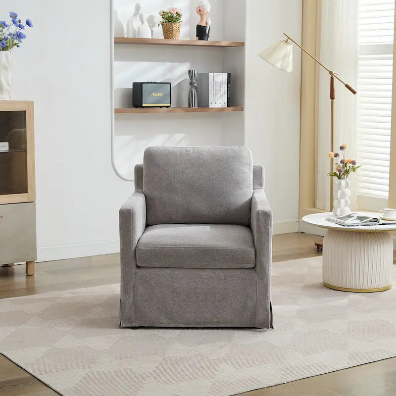Fauteuil d'appoint pivotant à 360° en chenille moderne de 29,92 pouces avec cadre en bois massif et coussin de dossier amovible
