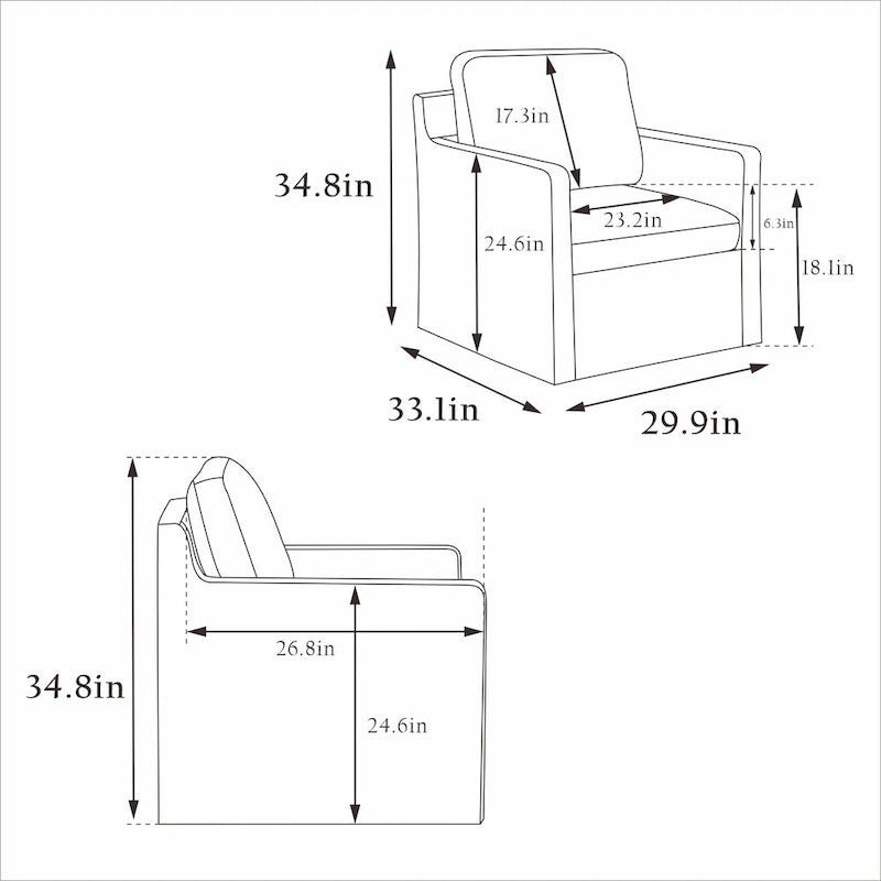 Fauteuil d'appoint pivotant à 360° en chenille moderne de 29,92 pouces avec cadre en bois massif et coussin de dossier amovible