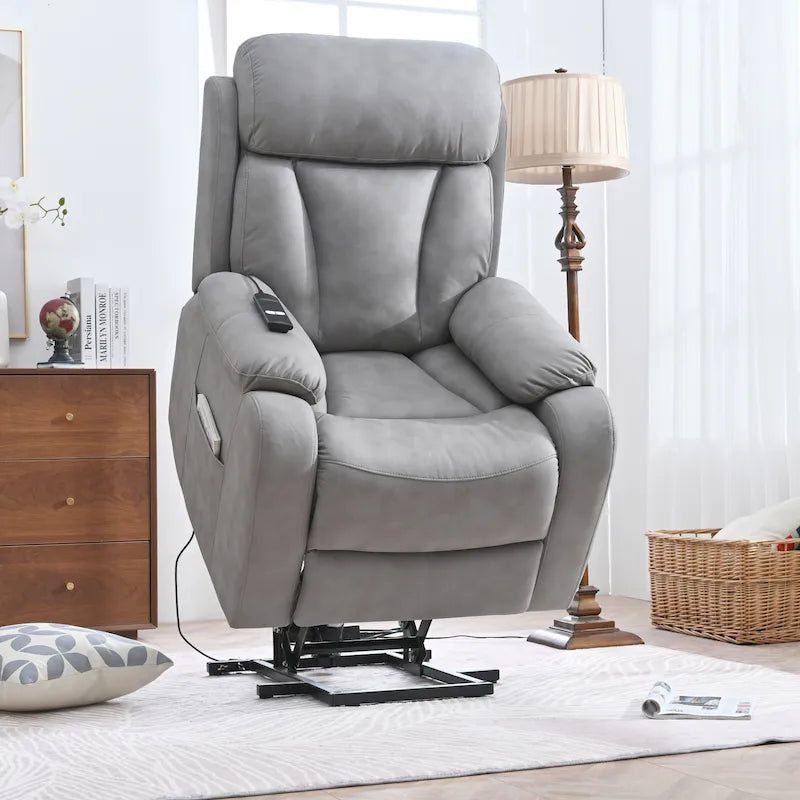 Fauteuil inclinable électrique gris pour personnes âgées, avec télécommande, coussin rembourré, pochette latérale et cadre robuste
