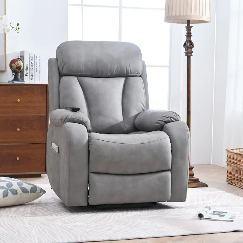 Fauteuil inclinable électrique gris pour personnes âgées, avec télécommande, coussin rembourré, pochette latérale et cadre robuste