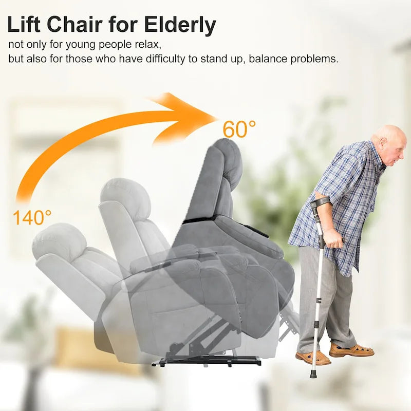 Fauteuil inclinable électrique gris pour personnes âgées, avec télécommande, coussin rembourré, pochette latérale et cadre robuste