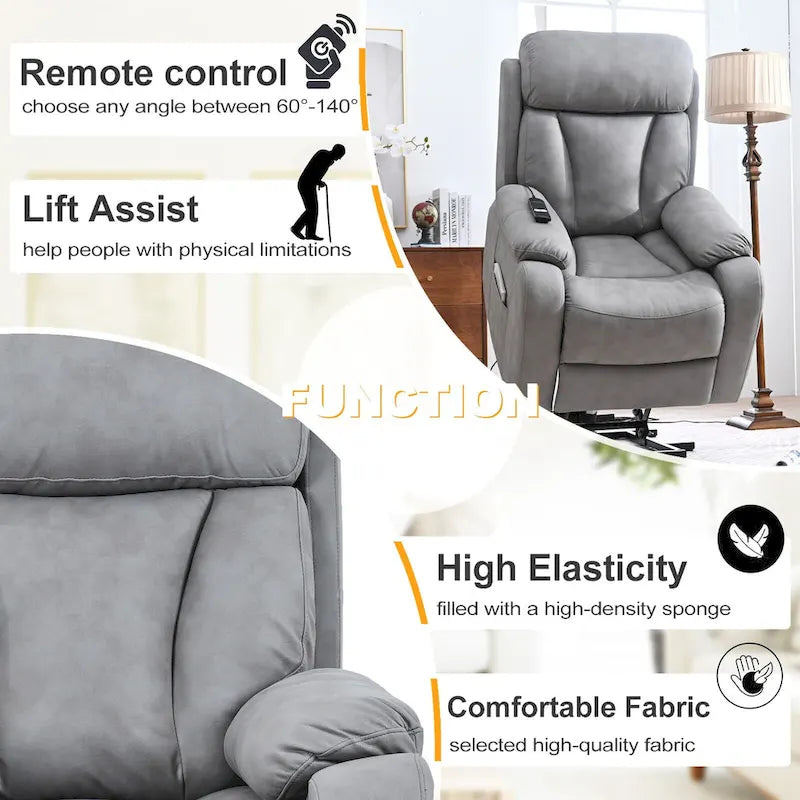 Fauteuil inclinable électrique gris pour personnes âgées, avec télécommande, coussin rembourré, pochette latérale et cadre robuste
