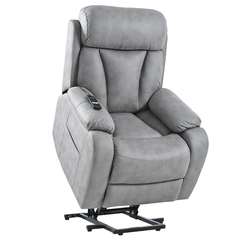 Fauteuil inclinable électrique gris pour personnes âgées, avec télécommande, coussin rembourré, pochette latérale et cadre robuste