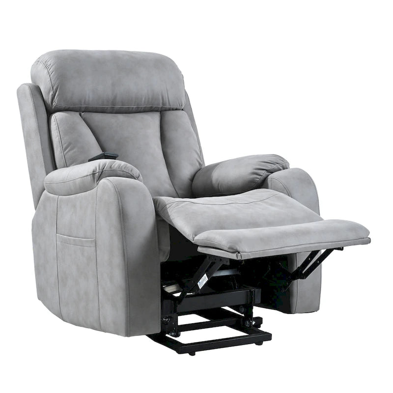 Fauteuil inclinable électrique gris pour personnes âgées, avec télécommande, coussin rembourré, pochette latérale et cadre robuste