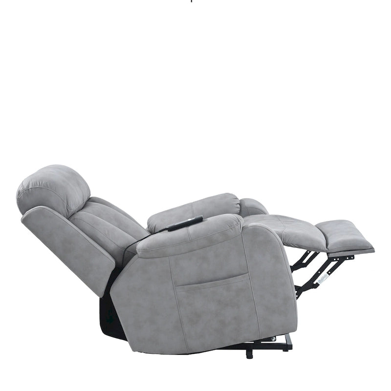 Fauteuil inclinable électrique gris pour personnes âgées, avec télécommande, coussin rembourré, pochette latérale et cadre robuste
